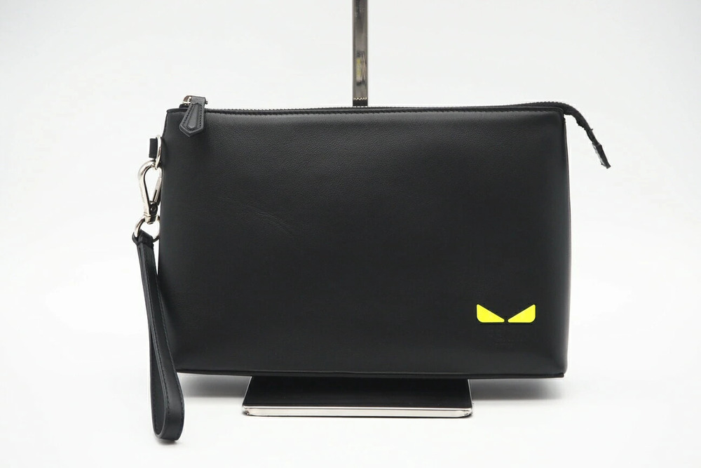 Fendi Monster OCCHI EYES clutch bag black yellow leather